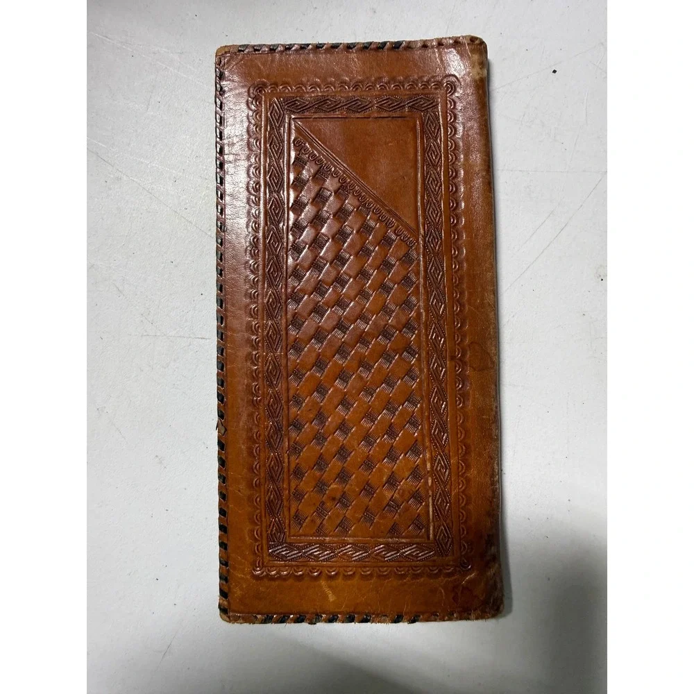 Vintage Hand Tooled Leather Mexico Wallet Aztec Calendar Basketweave Bifold Tan